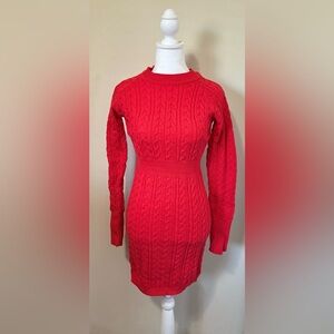 SHEIN Red Cowl Neck Cable Knit Sweater Dress